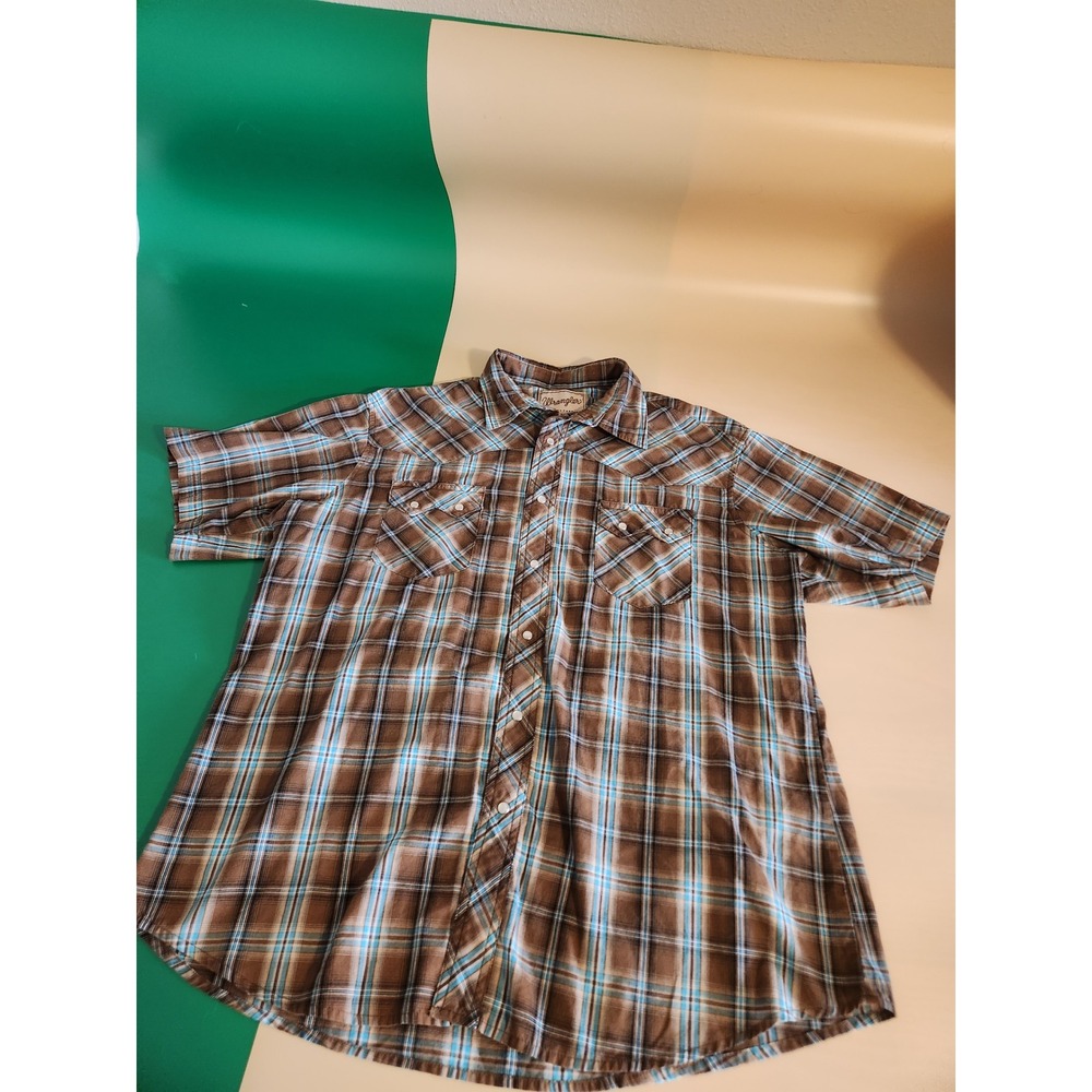 Wrangler Western Snap Mens XL Brown Turquoise Plaid Short Sleeve Pearl Snap
